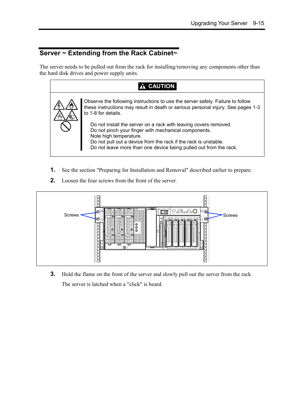 Server ~ extending from the rack cabinet | NEC Server 140Rc-4 User Manual | Page 301 / 400