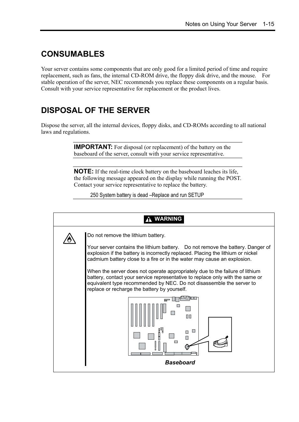 Consumables, Disposal of the server | NEC Server 140Rc-4 User Manual | Page 31 / 400