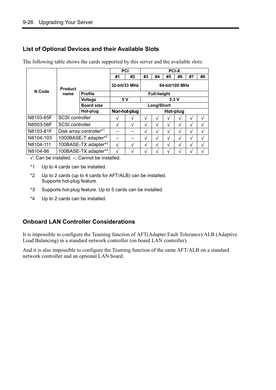 List of optional devices and their available slots, Onboard lan controller considerations | NEC Server 140Rc-4 User Manual | Page 312 / 400