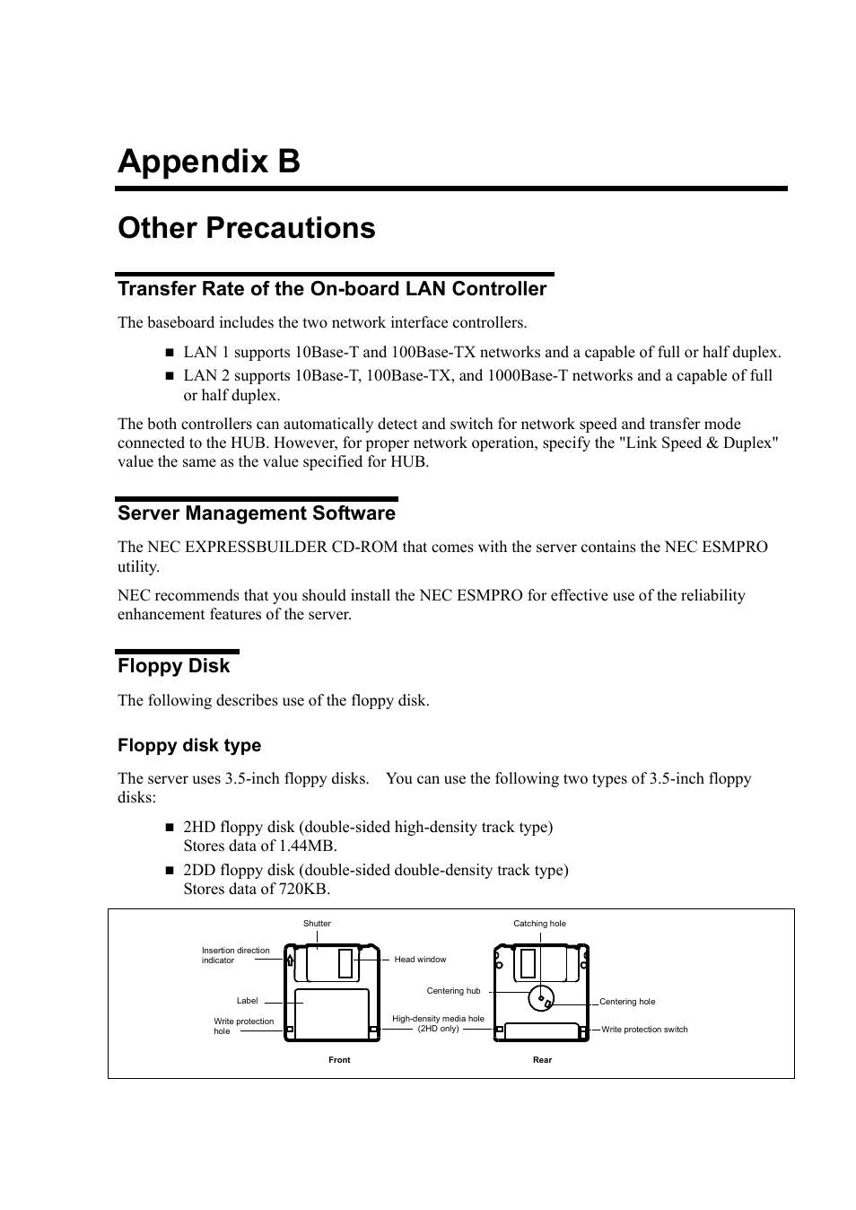 B. other precautions, Transfer rate of the on-board lan controller, Server management software | Floppy disk, Appendix b, Other precautions, Floppy disk type | NEC Server 140Rc-4 User Manual | Page 363 / 400