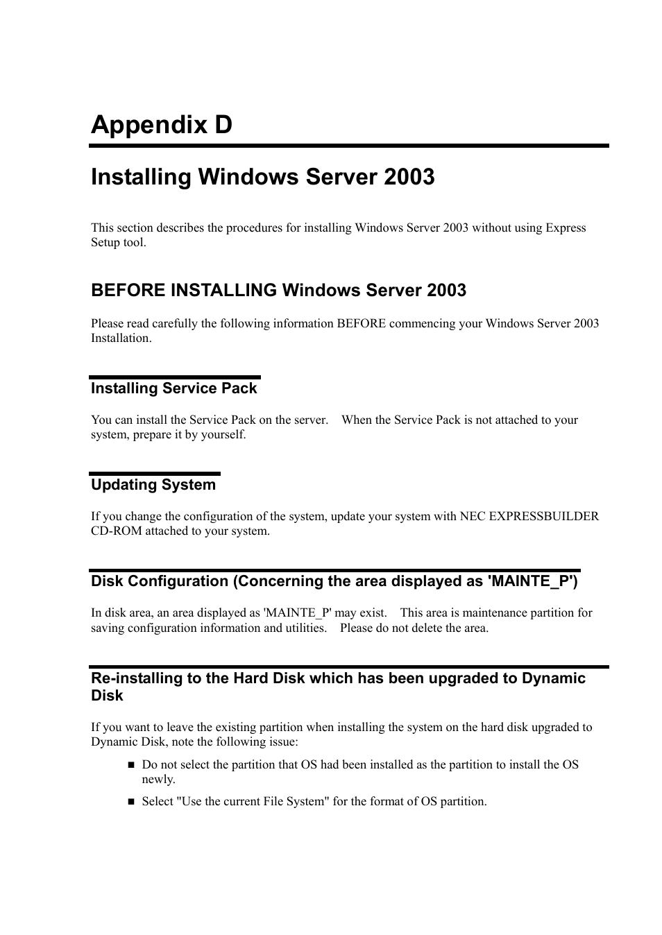 D. installing windows server 2003, Before installing windows server 2003, Installing service pack | Updating system, Appendix d, Installing windows server 2003 | NEC Server 140Rc-4 User Manual | Page 373 / 400