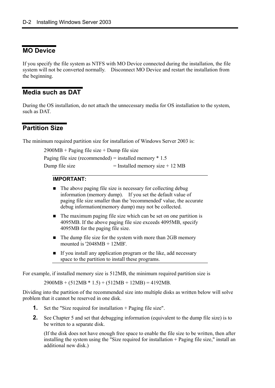 Mo device, Media such as dat, Partition size | NEC Server 140Rc-4 User Manual | Page 374 / 400