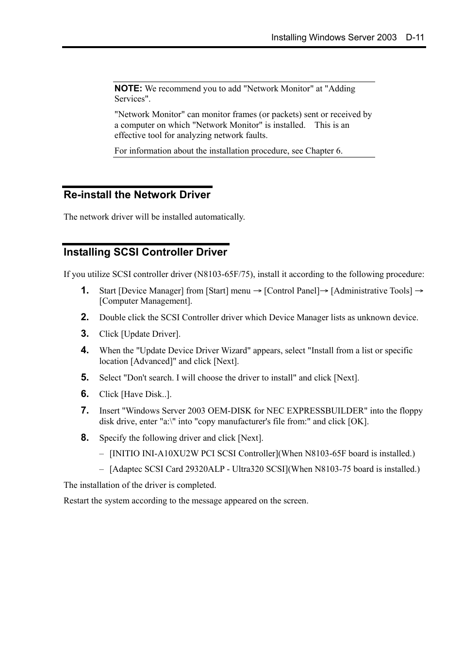 Re-install the network driver, Installing scsi controller driver | NEC Server 140Rc-4 User Manual | Page 383 / 400