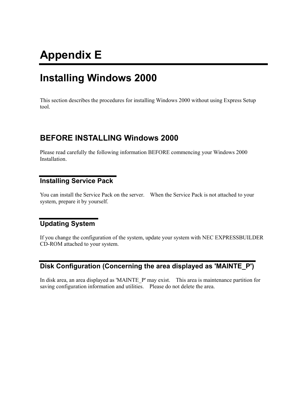 E. installing windows 2000, Before installing windows 2000, Installing service pack | Updating system, Appendix e, Installing windows 2000 | NEC Server 140Rc-4 User Manual | Page 385 / 400