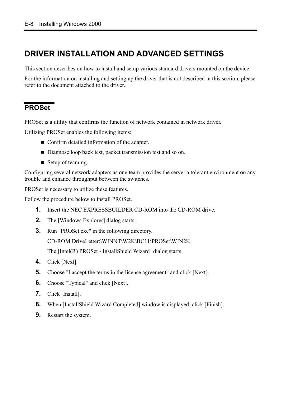 Driver installation and advanced settings, Proset | NEC Server 140Rc-4 User Manual | Page 392 / 400