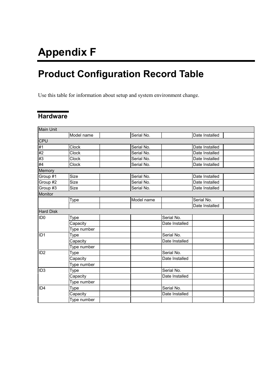 F. product configuration record table, Hardware, Appendix f | Product configuration record table | NEC Server 140Rc-4 User Manual | Page 397 / 400