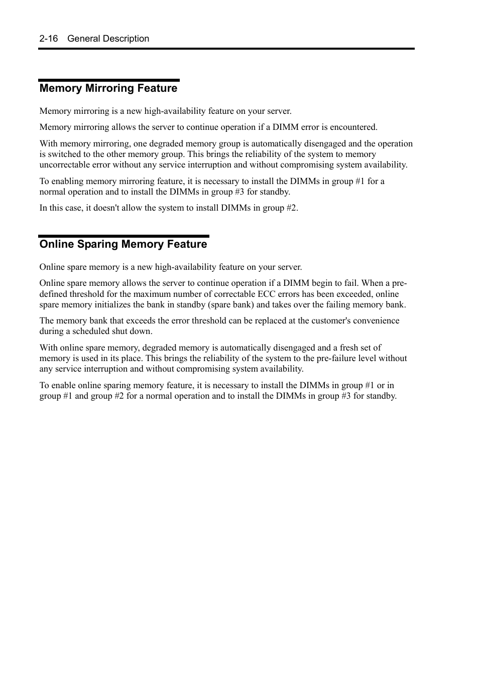 Memory mirroring feature, Online sparing memory feature | NEC Server 140Rc-4 User Manual | Page 50 / 400