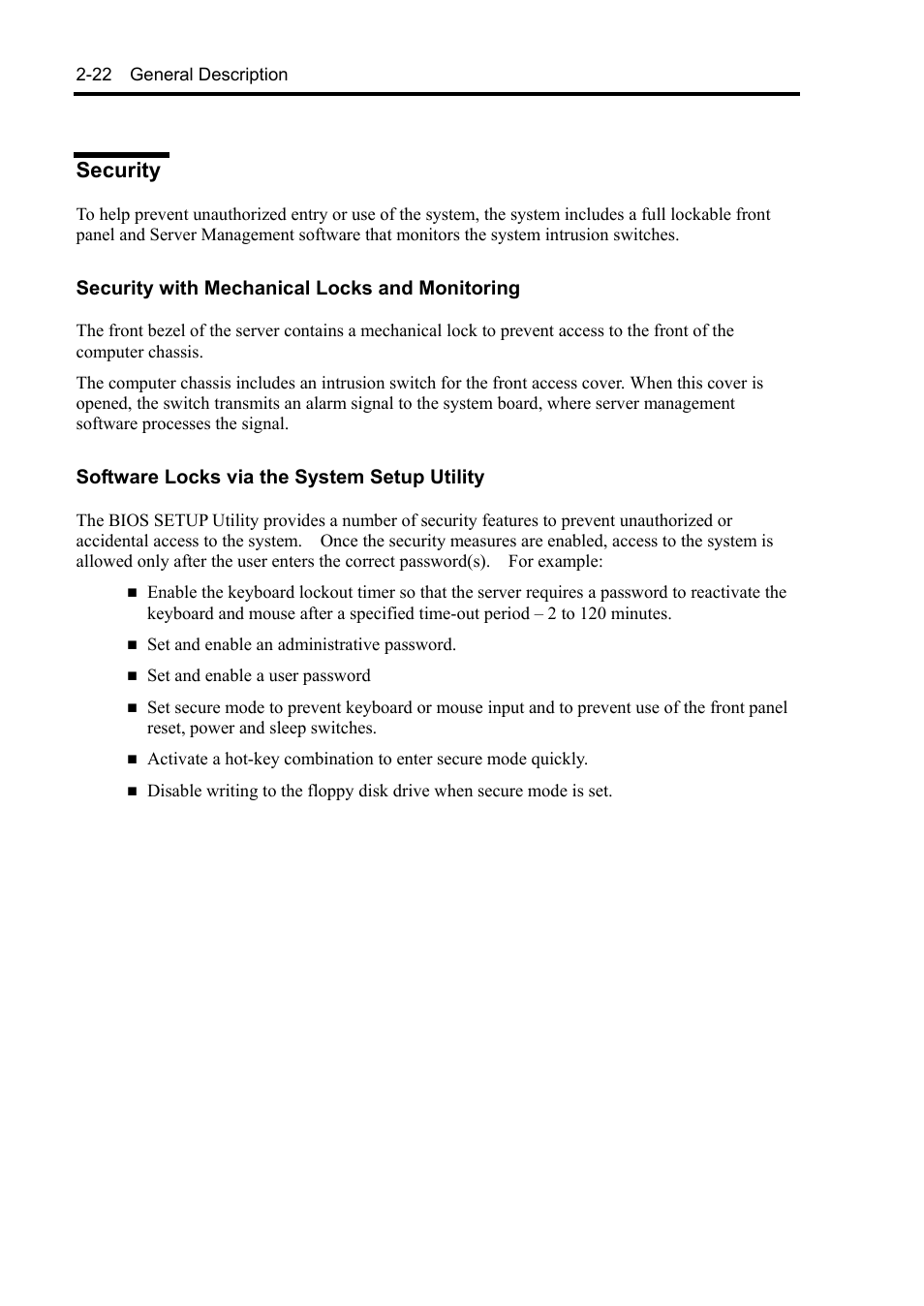 Security, Security with mechanical locks and monitoring, Software locks via the system setup utility | NEC Server 140Rc-4 User Manual | Page 56 / 400
