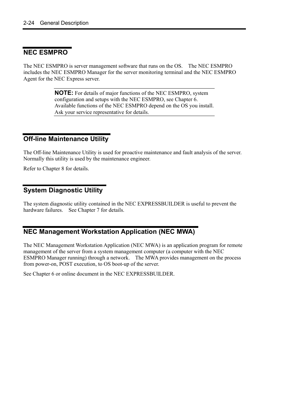 Nec esmpro, Off-line maintenance utility, System diagnostic utility | Nec management workstation application (nec mwa) | NEC Server 140Rc-4 User Manual | Page 58 / 400