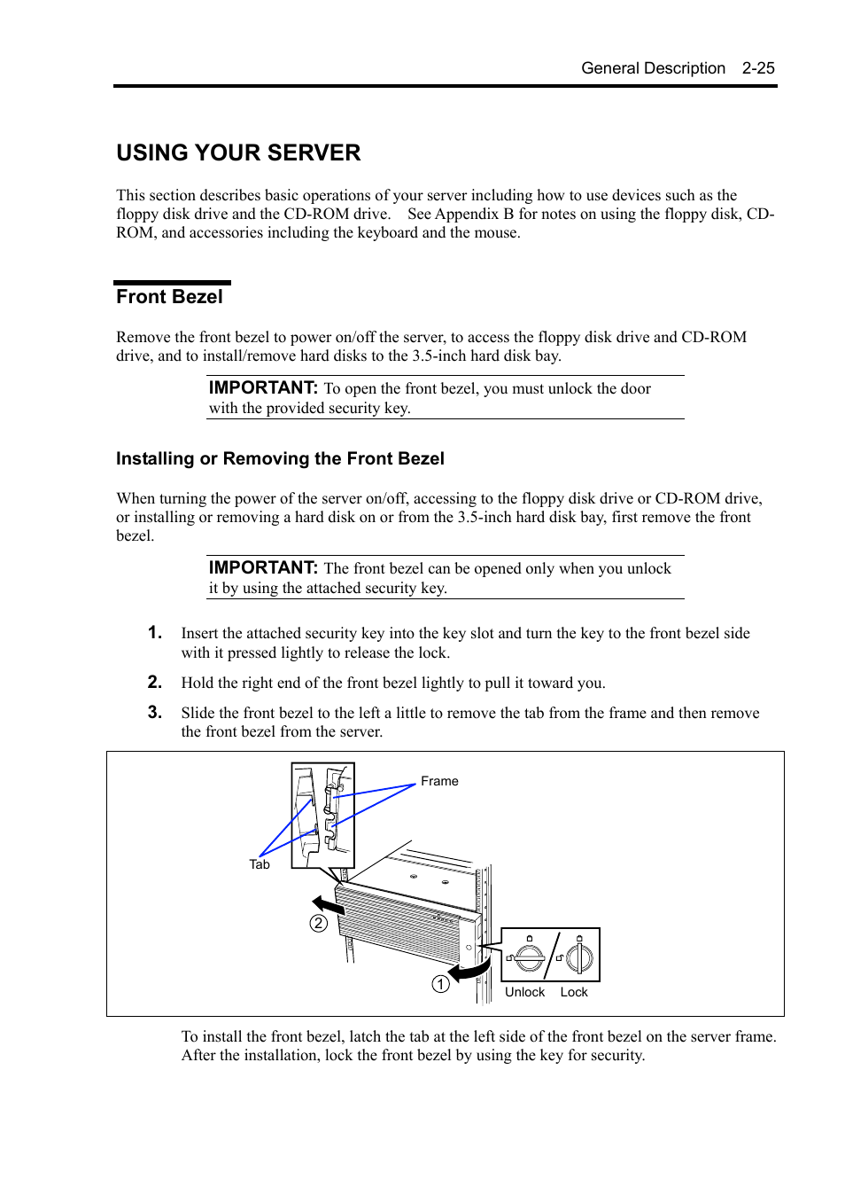 Using your server, Front bezel | NEC Server 140Rc-4 User Manual | Page 59 / 400