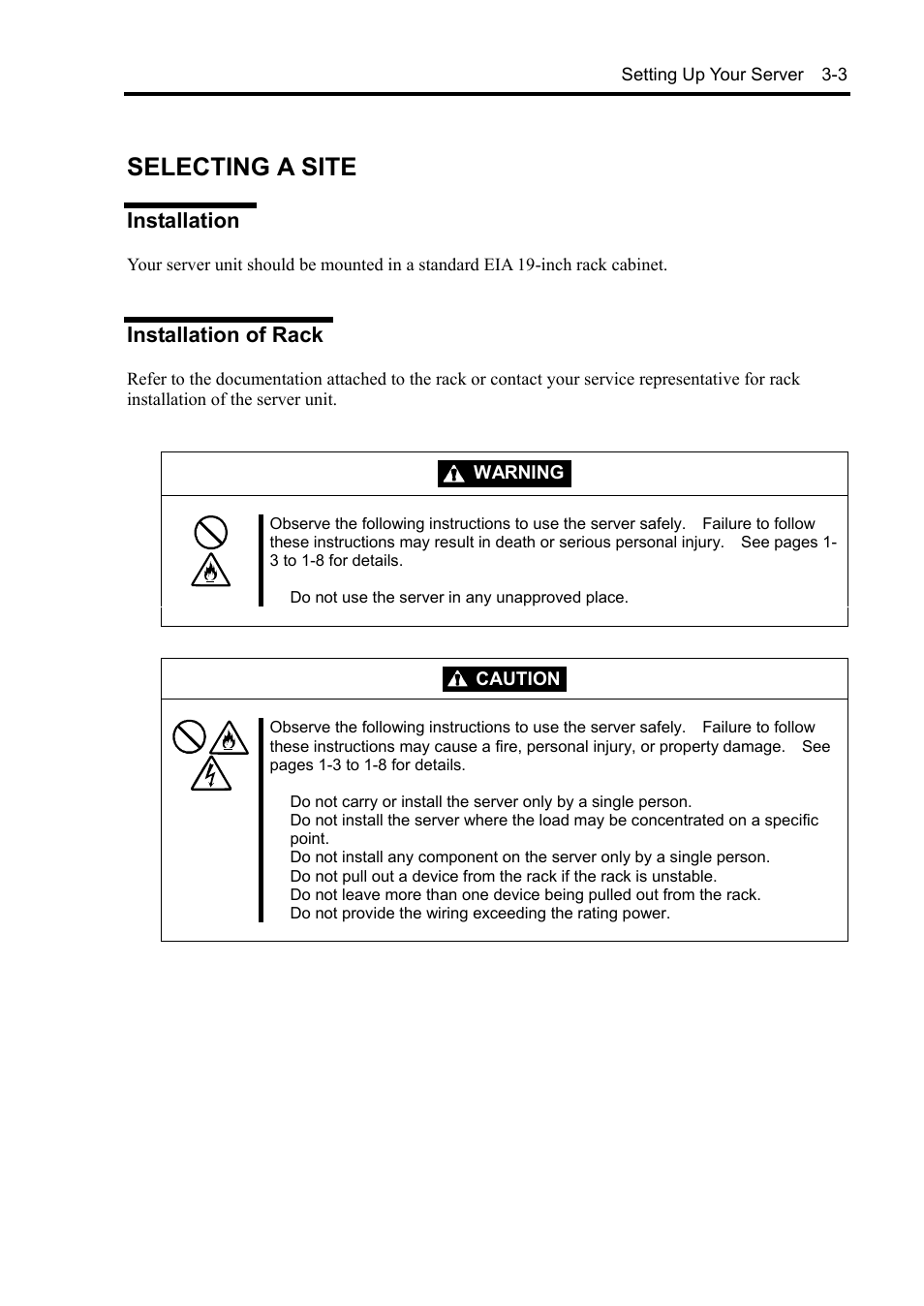 Selecting a site, Installation, Installation of rack | Warning, Caution | NEC Server 140Rc-4 User Manual | Page 75 / 400