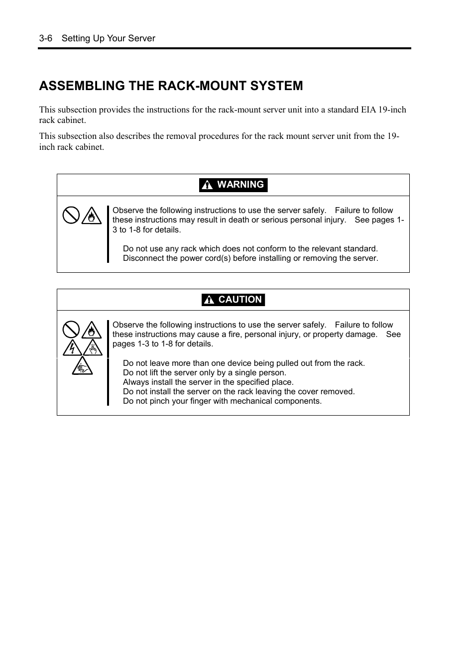 Assembling the rack-mount system, Warning, Caution | 6 setting up your server | NEC Server 140Rc-4 User Manual | Page 78 / 400