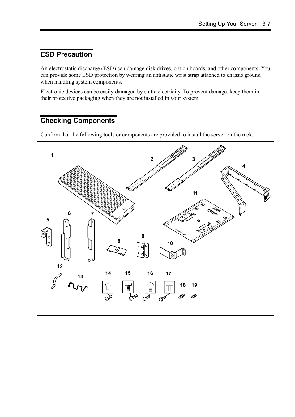 Esd precaution, Checking components | NEC Server 140Rc-4 User Manual | Page 79 / 400