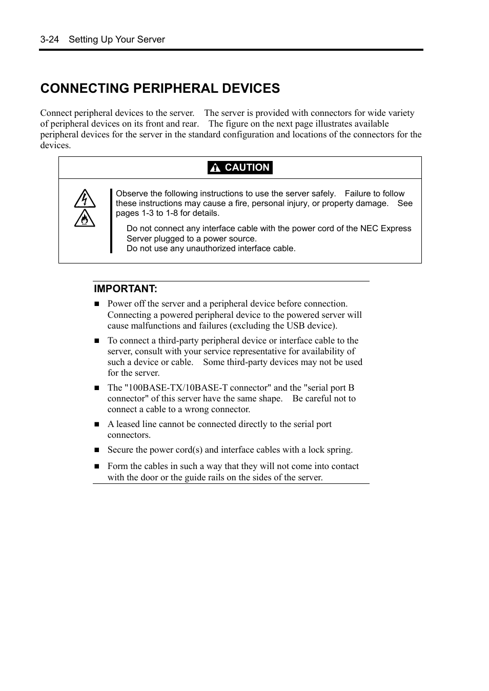 Connecting peripheral devices, Important | NEC Server 140Rc-4 User Manual | Page 96 / 400