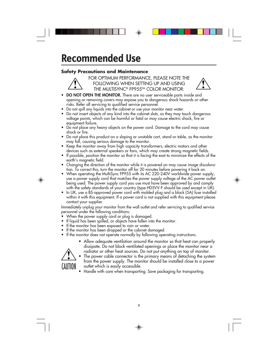 Recommended use, Caution | NEC FP955 User Manual | Page 11 / 68