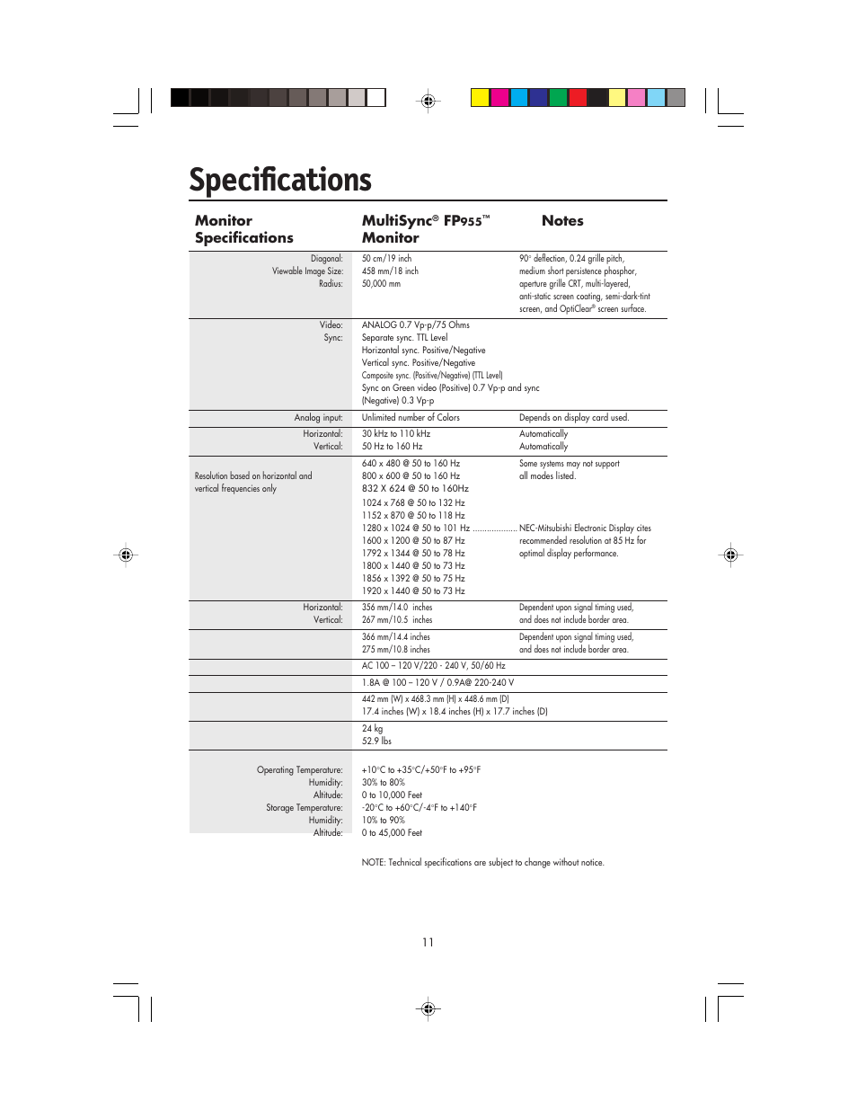 Specifications, Monitor multisync | NEC FP955 User Manual | Page 13 / 68