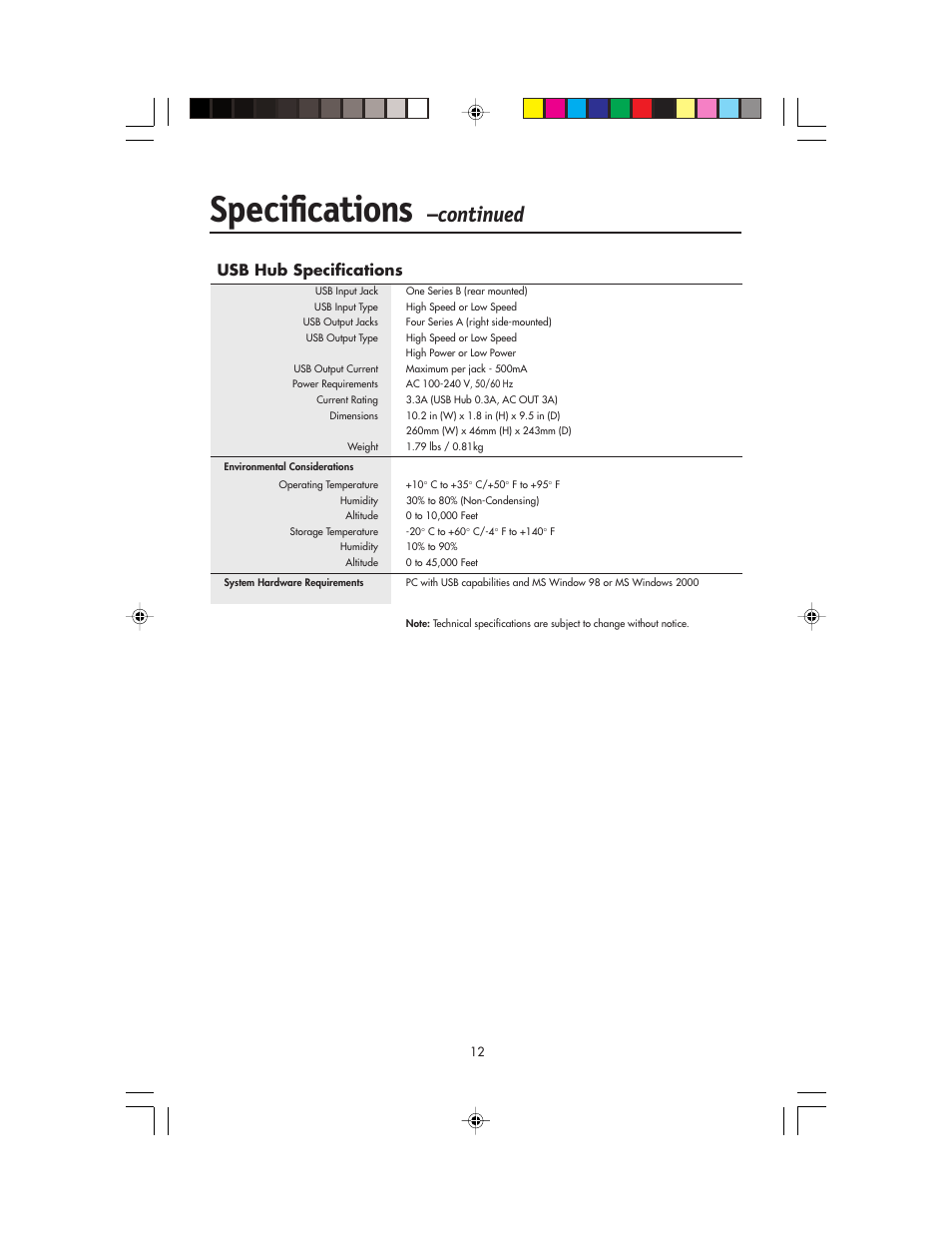 Specifications, Continued, Usb hub specifications | NEC FP955 User Manual | Page 14 / 68