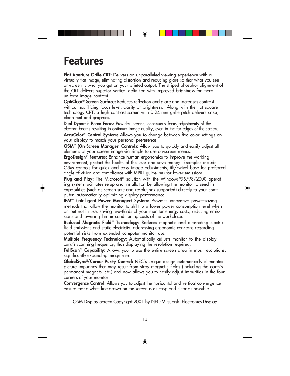 Features | NEC FP955 User Manual | Page 15 / 68