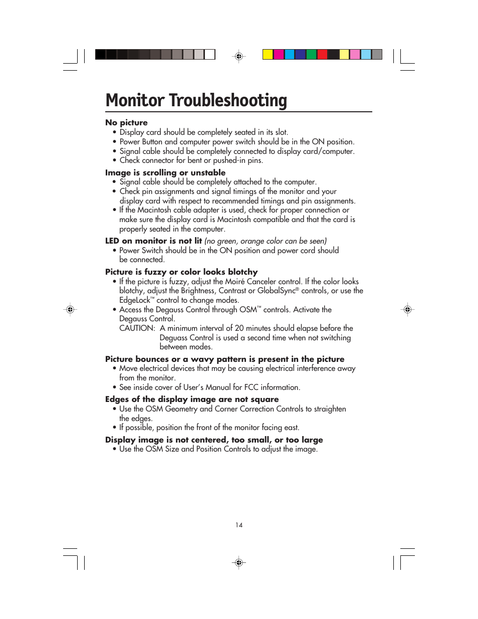 Monitor troubleshooting | NEC FP955 User Manual | Page 16 / 68