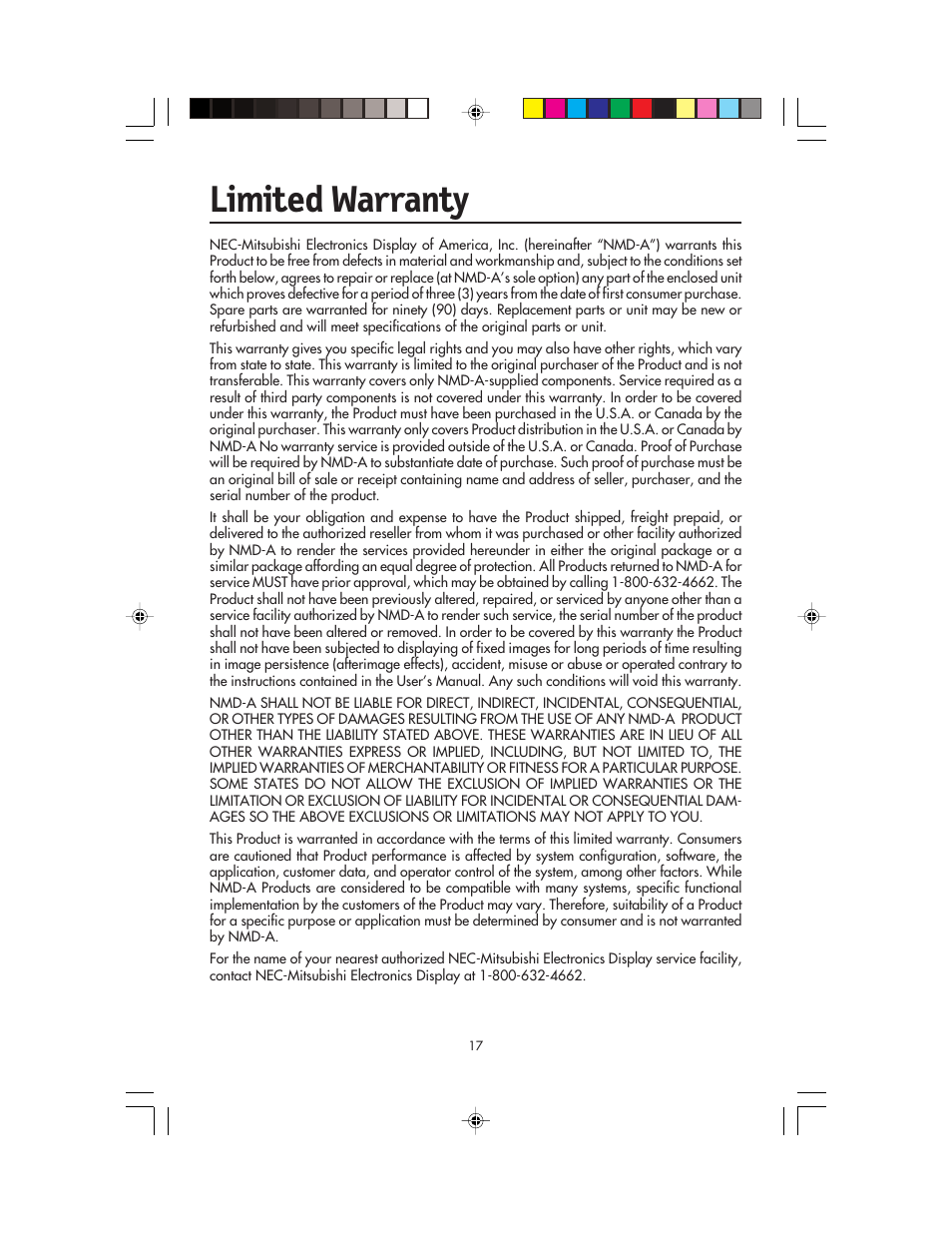 Limited warranty | NEC FP955 User Manual | Page 19 / 68