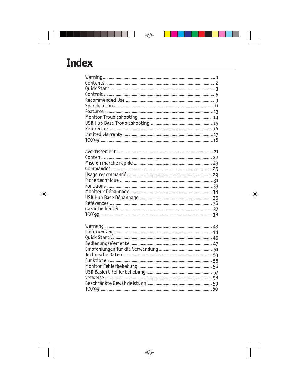 Index | NEC FP955 User Manual | Page 2 / 68