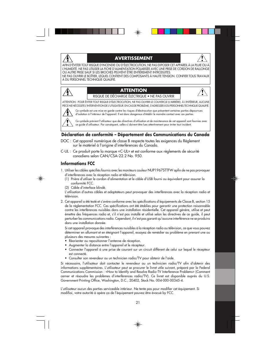 Informations fcc, Avertissement attention | NEC FP955 User Manual | Page 23 / 68