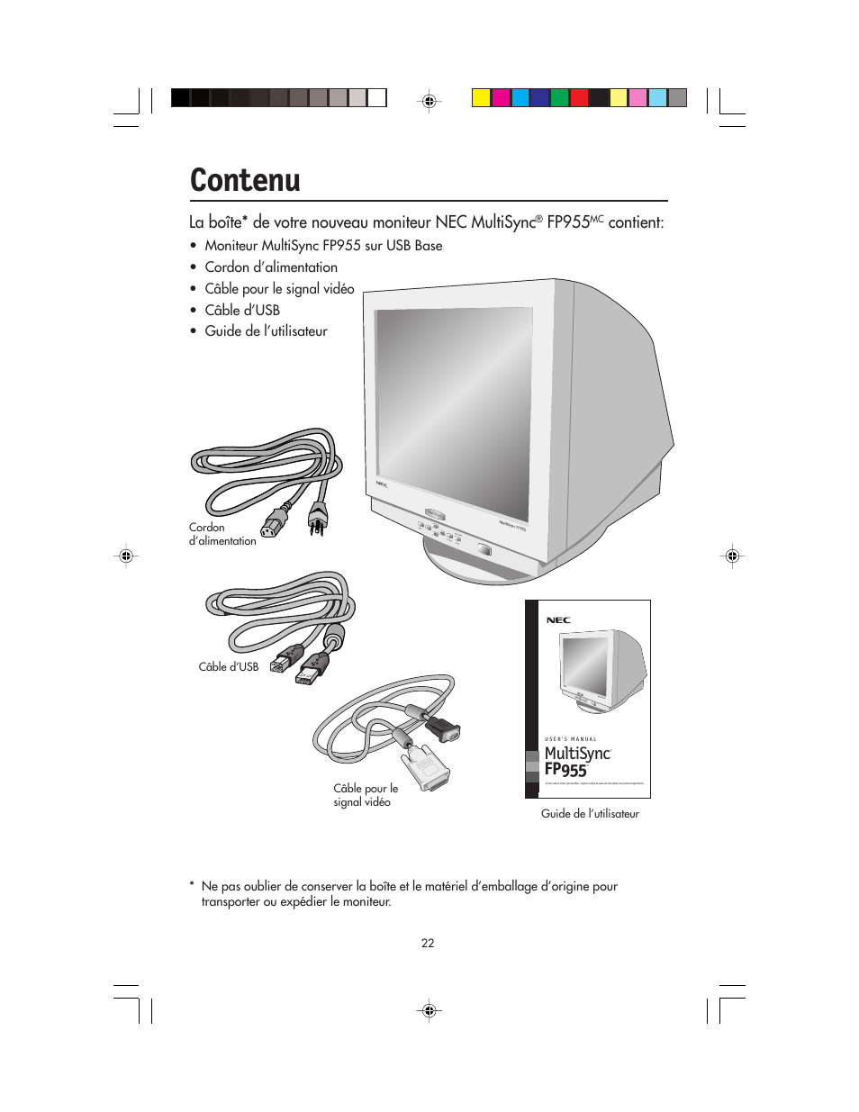 Contenu, Multisync fp955, La boîte* de votre nouveau moniteur nec multisync | Fp955, Contient | NEC FP955 User Manual | Page 24 / 68