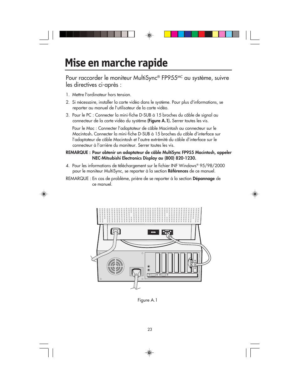 Mise en marche rapide, Pour raccorder le moniteur multisync, Fp955 | Au système, suivre les directives ci-après | NEC FP955 User Manual | Page 25 / 68