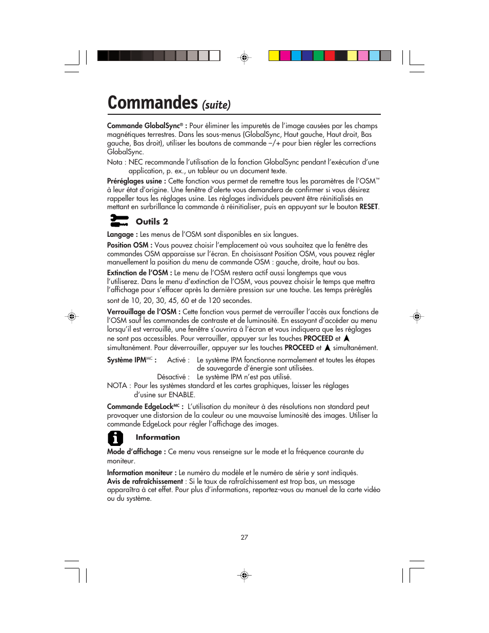 Commandes, Suite) | NEC FP955 User Manual | Page 29 / 68