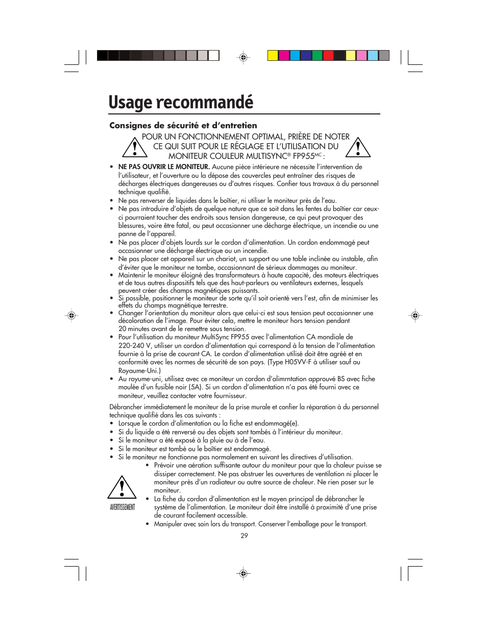 Usage recommandé | NEC FP955 User Manual | Page 31 / 68