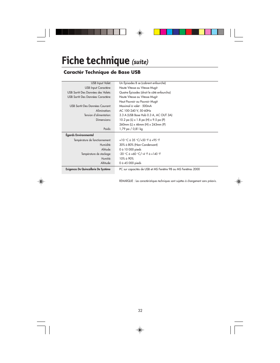 Fiche technique, Suite), Caractér technique de base usb | NEC FP955 User Manual | Page 34 / 68