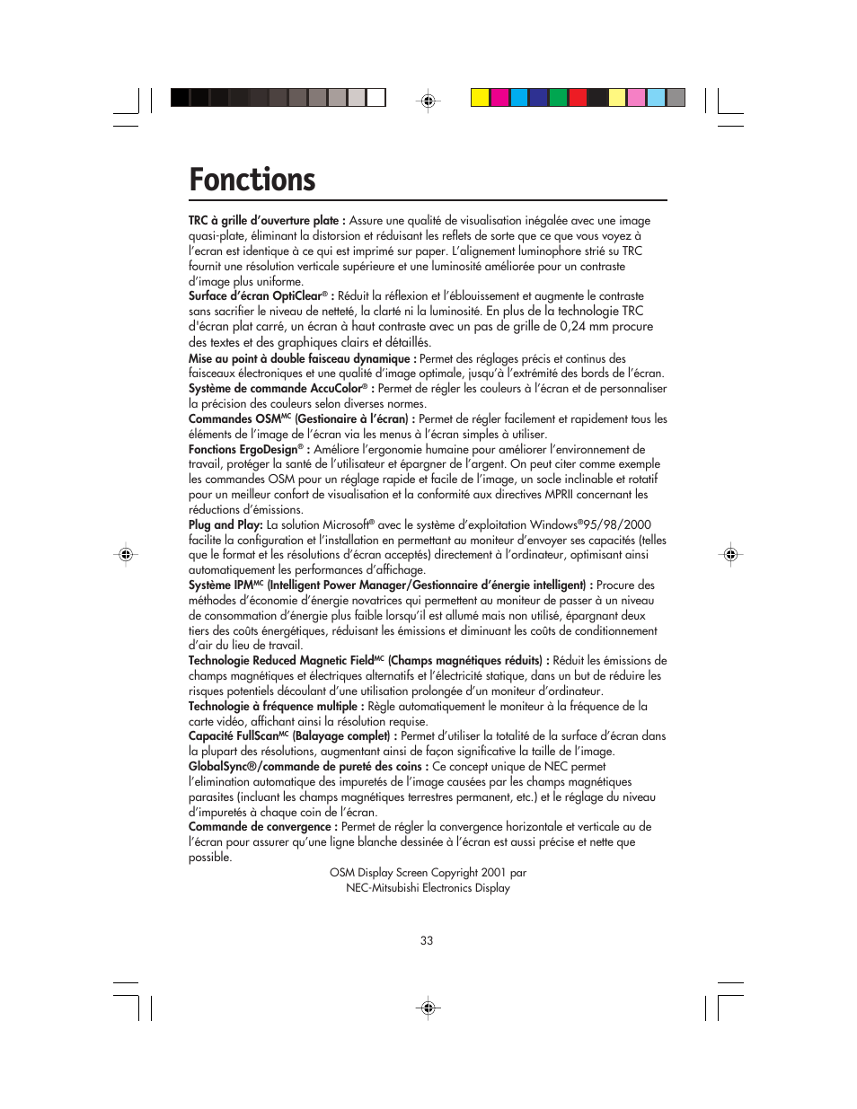 Fonctions | NEC FP955 User Manual | Page 35 / 68