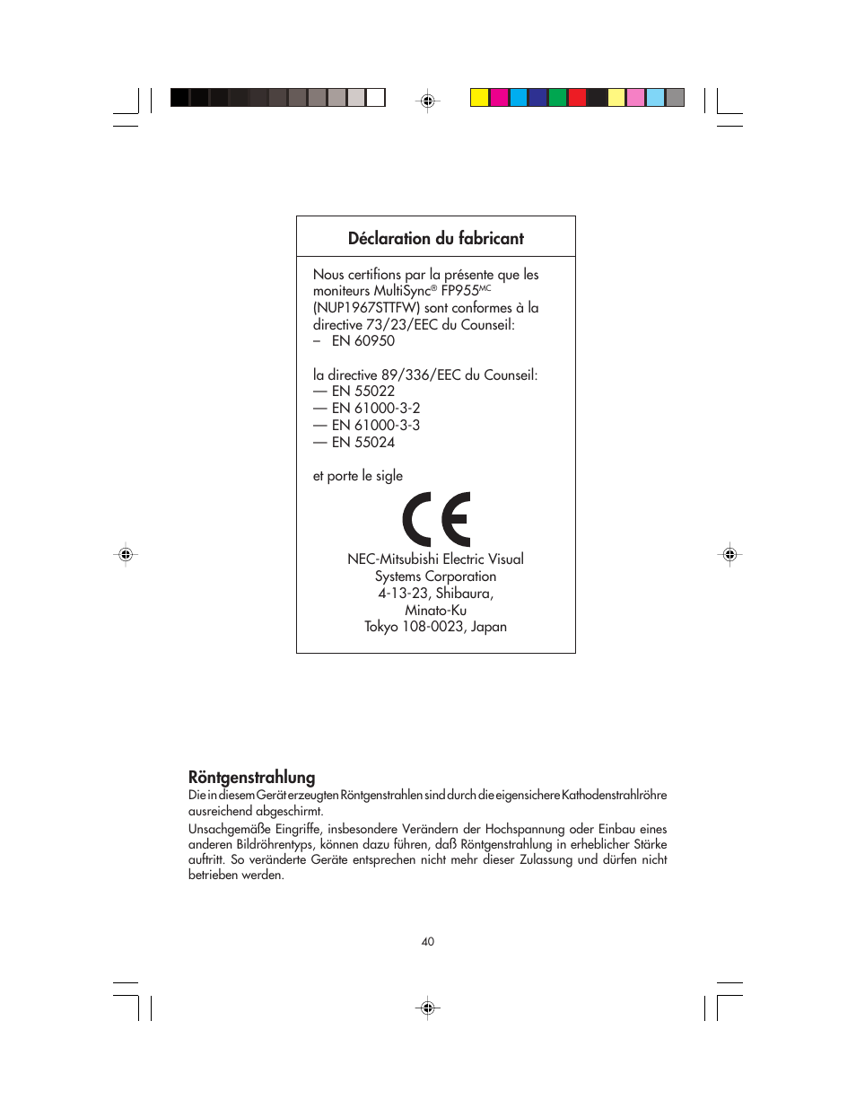 Röntgenstrahlung, Déclaration du fabricant | NEC FP955 User Manual | Page 42 / 68