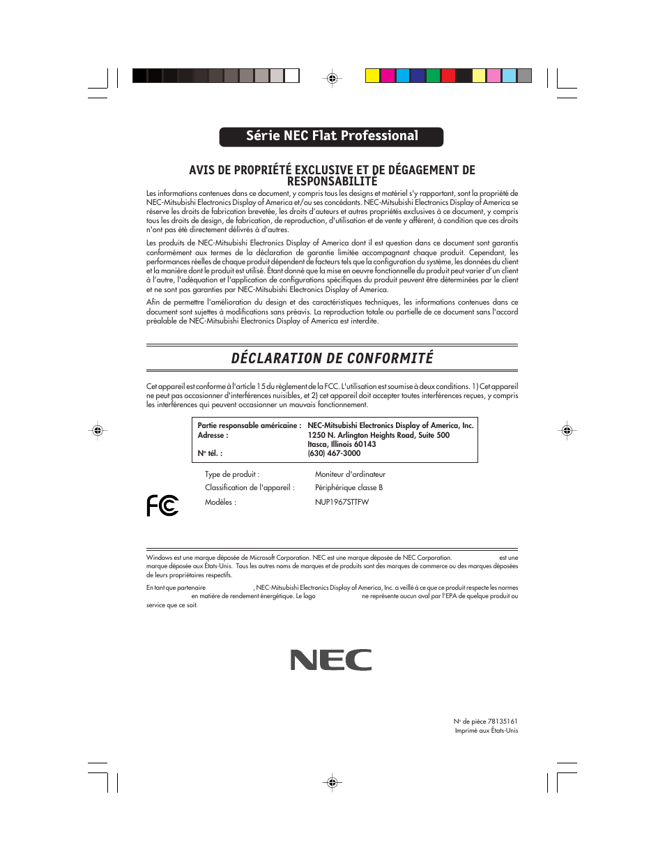 Déclaration de conformité, Série nec flat professional | NEC FP955 User Manual | Page 43 / 68