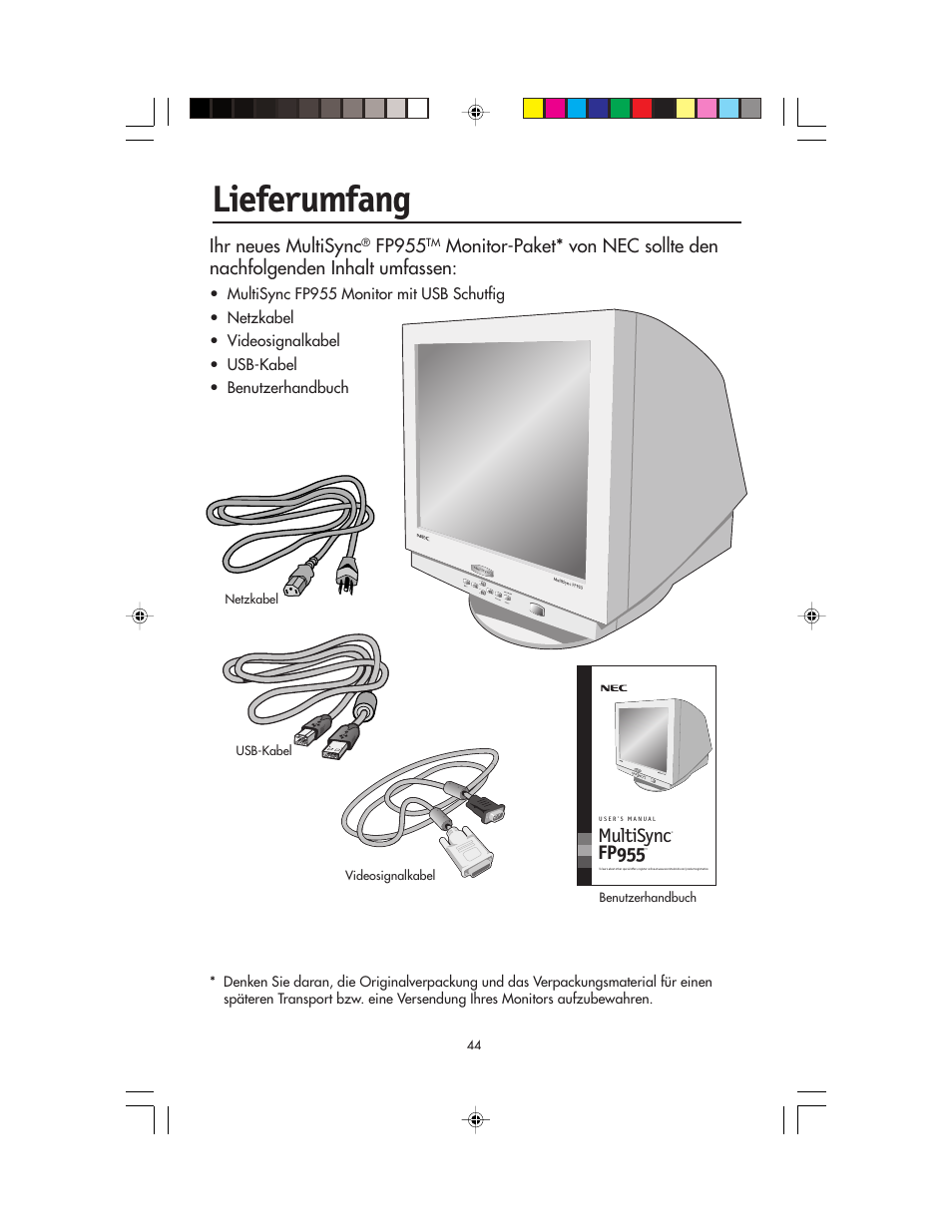 Lieferumfang, Multisync fp955, Ihr neues multisync | Fp955 | NEC FP955 User Manual | Page 46 / 68