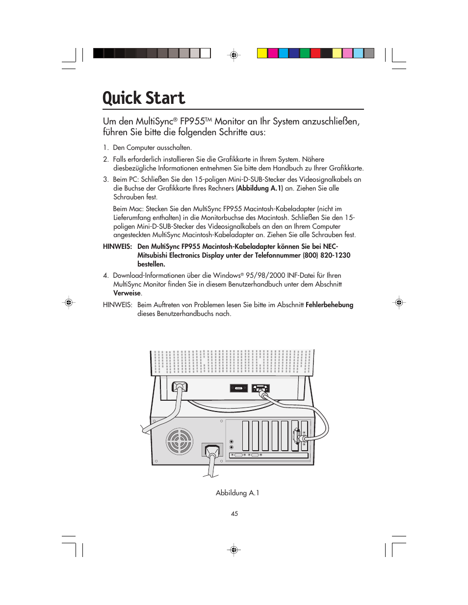 Quick start, Um den multisync, Fp955 | NEC FP955 User Manual | Page 47 / 68