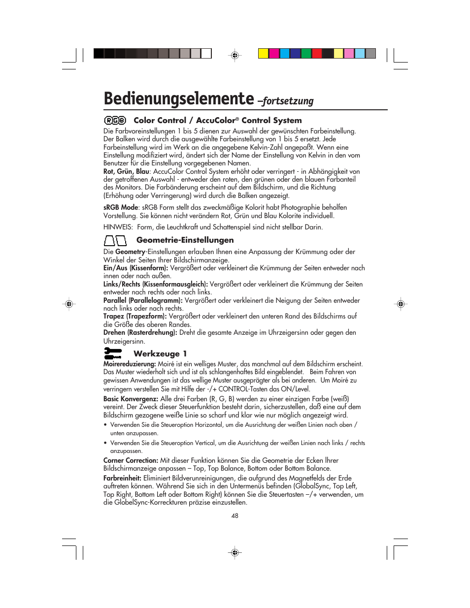 Bedienungselemente, Fortsetzung | NEC FP955 User Manual | Page 50 / 68