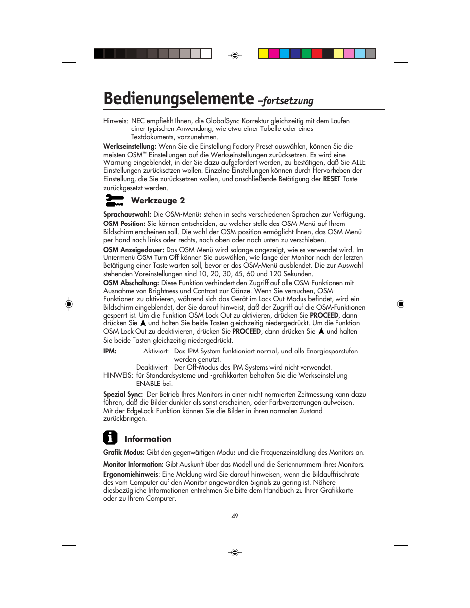 Bedienungselemente, Fortsetzung | NEC FP955 User Manual | Page 51 / 68