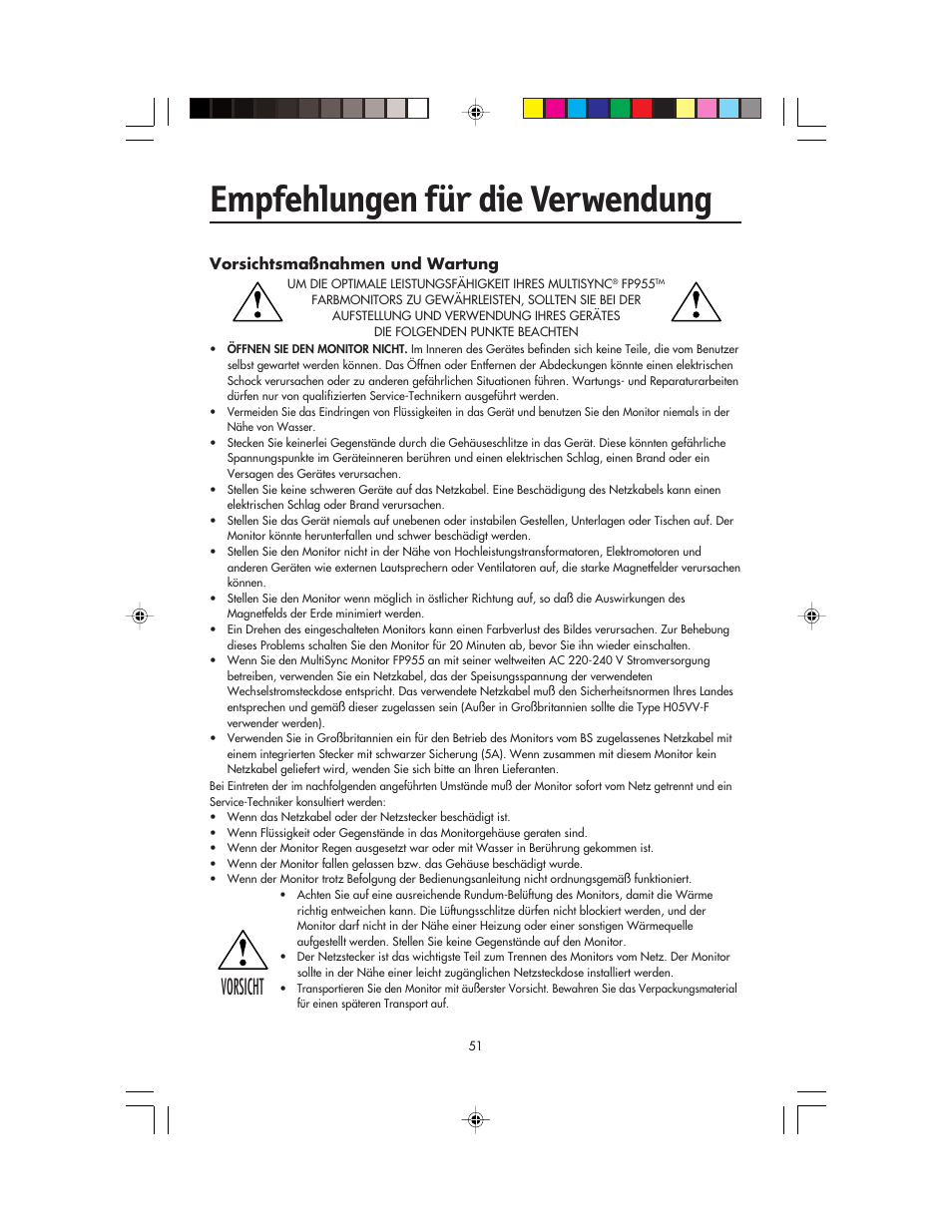 Empfehlungen für die verwendung, Vorsicht | NEC FP955 User Manual | Page 53 / 68