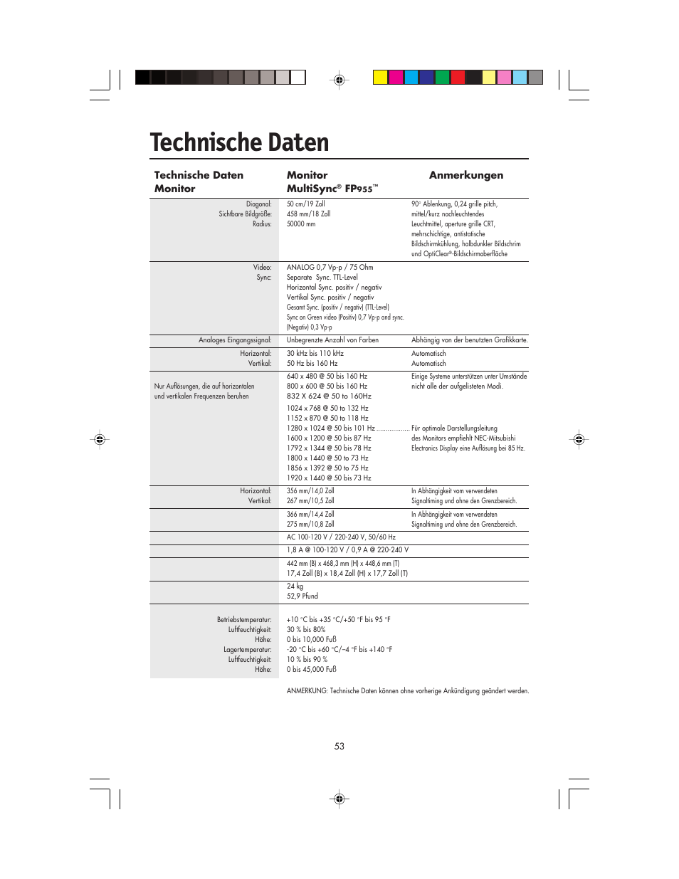 Technische daten | NEC FP955 User Manual | Page 55 / 68