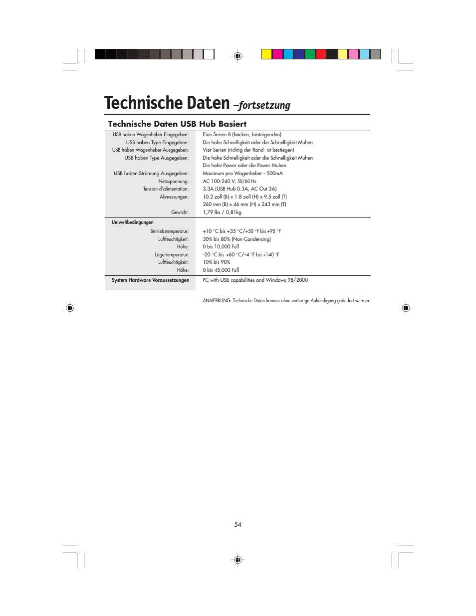 Technische daten, Fortsetzung, Technische daten usb hub basiert | NEC FP955 User Manual | Page 56 / 68