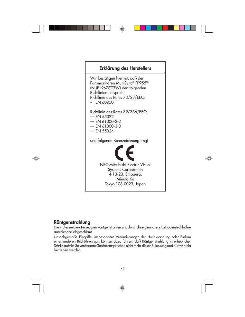 Röntgenstrahlung, Erklärung des herstellers | NEC FP955 User Manual | Page 64 / 68