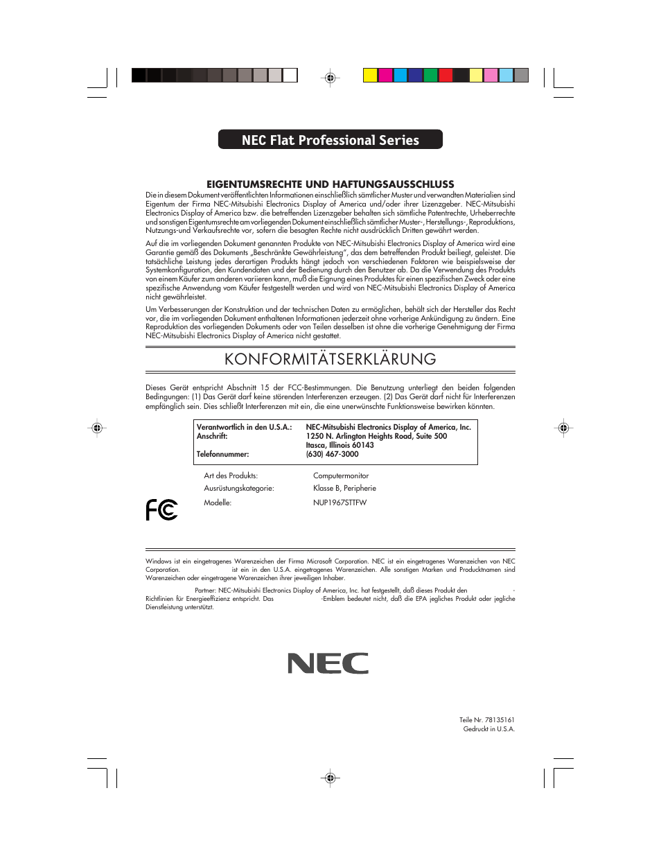 Konformitätserklärung, Nec flat professional series, Eigentumsrechte und haftungsausschluss | NEC FP955 User Manual | Page 67 / 68