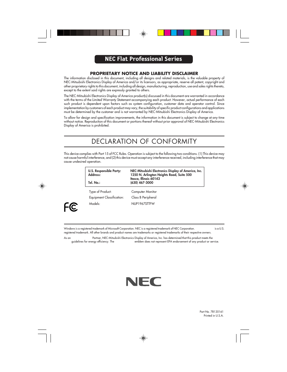 Declaration of conformity, Nec flat professional series, Proprietary notice and liability disclaimer | NEC FP955 User Manual | Page 68 / 68