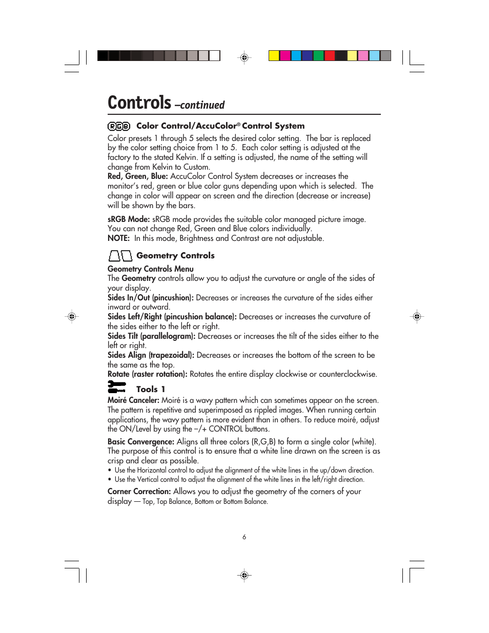 Controls, Continued | NEC FP955 User Manual | Page 8 / 68