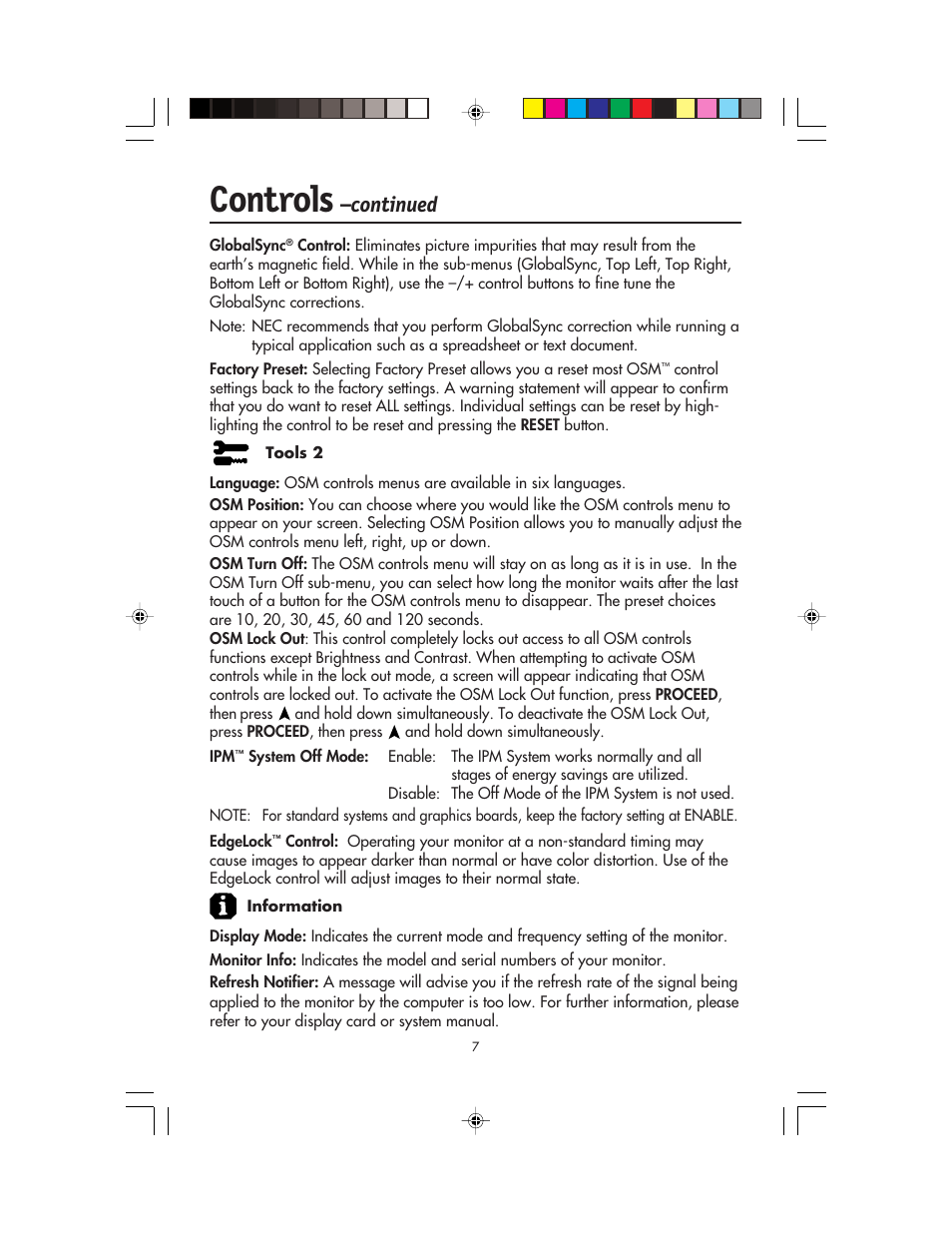 Controls, Continued | NEC FP955 User Manual | Page 9 / 68