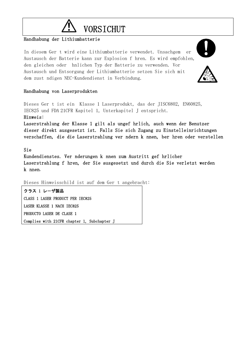 Vorsichut | NEC NX7700i/5040H-32 User Manual | Page 10 / 170
