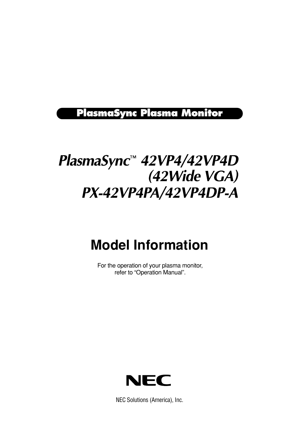 NEC PlasmaSync PX-42VP4DP-A User Manual | 8 pages