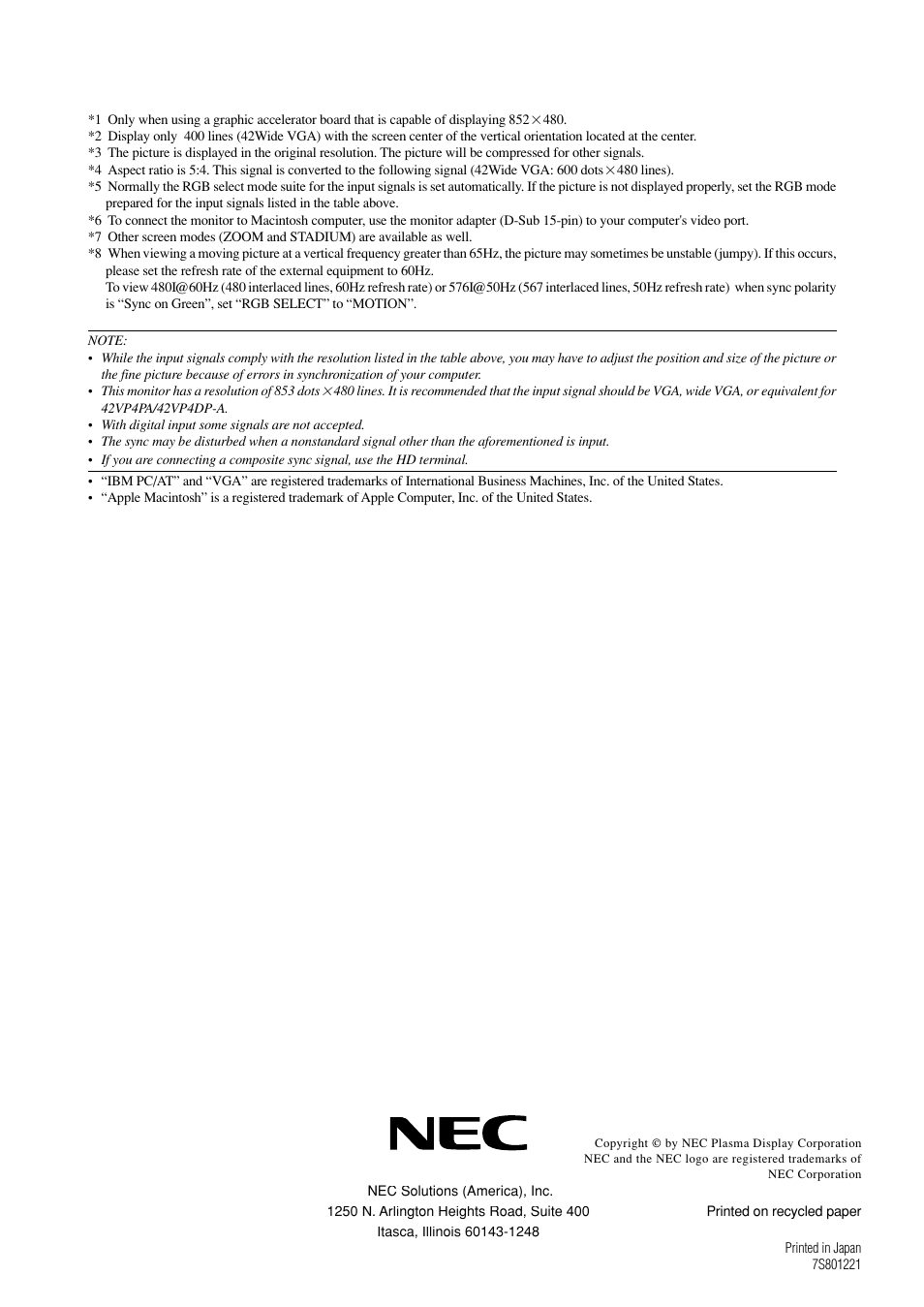 NEC PlasmaSync PX-42VP4DP-A User Manual | Page 8 / 8