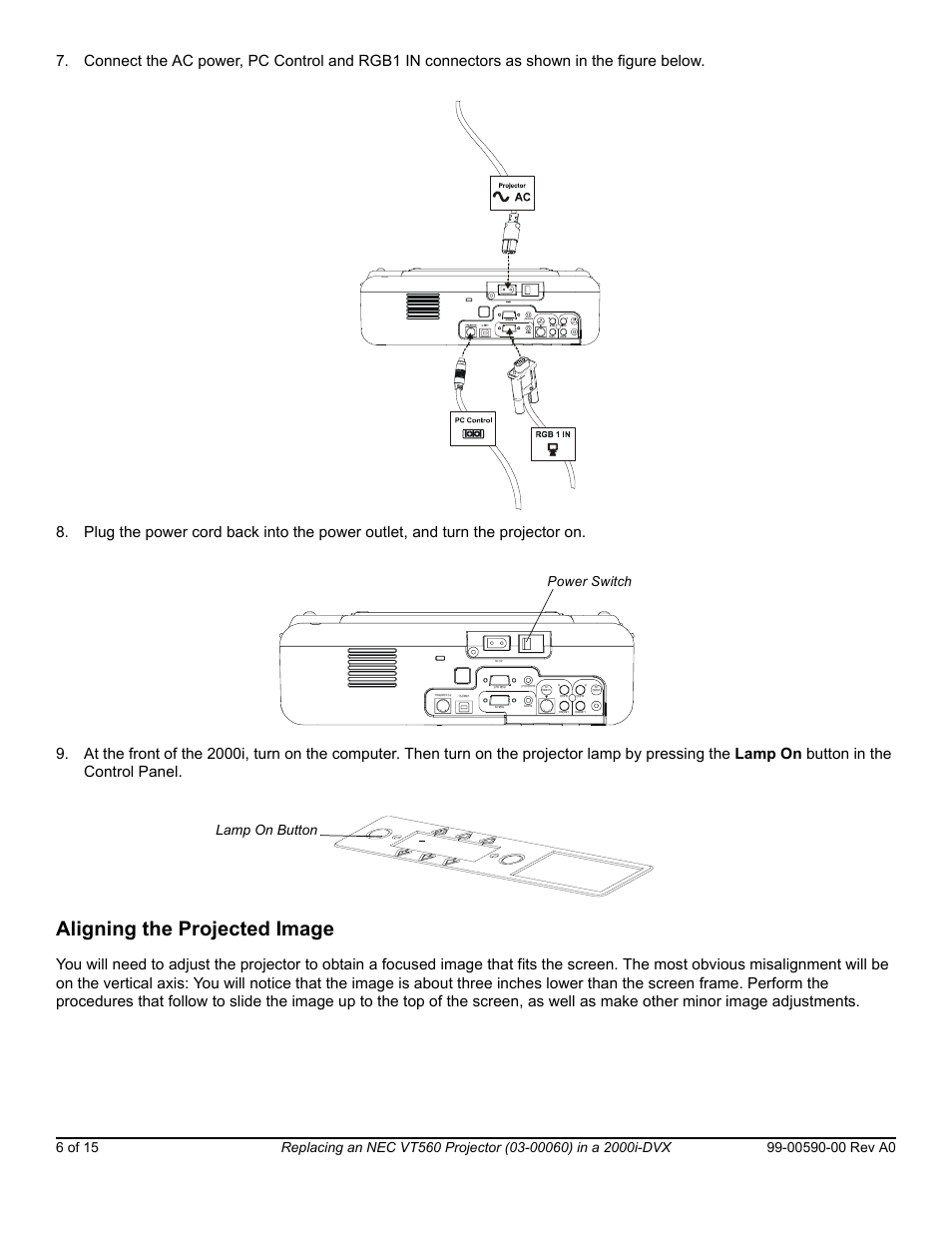 Aligning the projected image, Lamp on button, Power switch | NEC Projector VT560 User Manual | Page 6 / 15